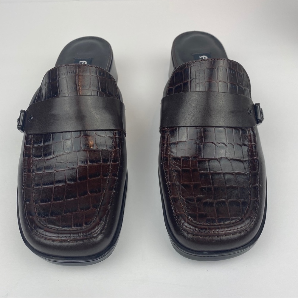ETIENNE AIGNER Brown Croc‑Embossed Leather Mules Sz 7 1½" Heel Slip‑On Loafer - Picture 2 of 9